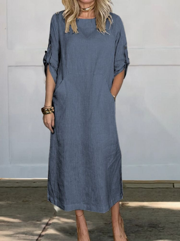 Mia - Comfortable Plain Linen Dress With Pockets