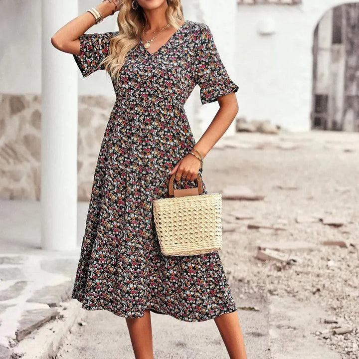 Layla - Elegant V Neck Printed Dress