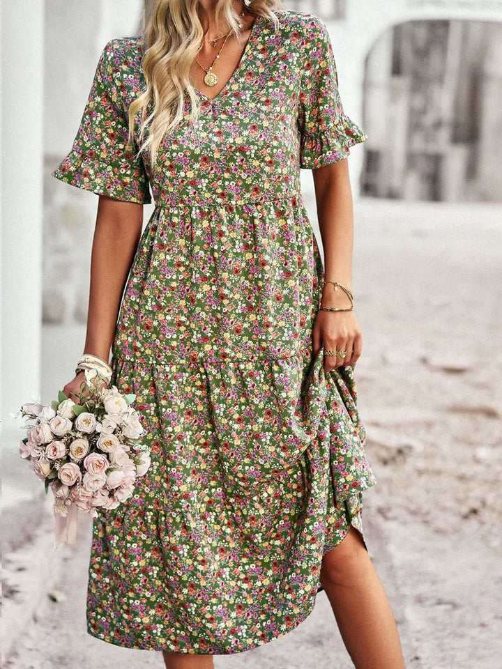 Layla - Elegant V Neck Printed Dress