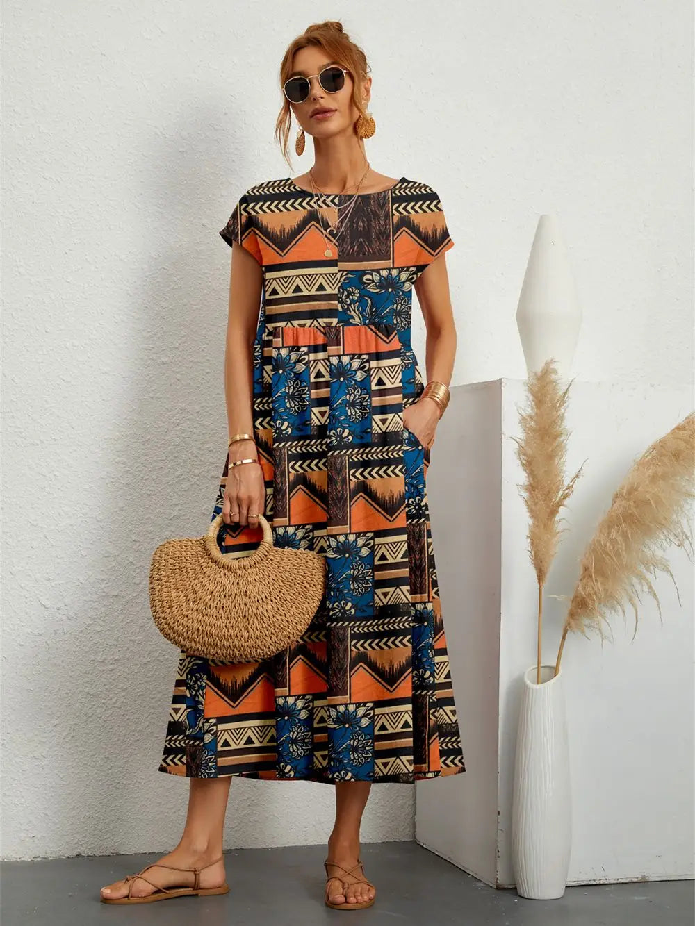 Hannah - Stylish O-neck Printed Dress with Pockets