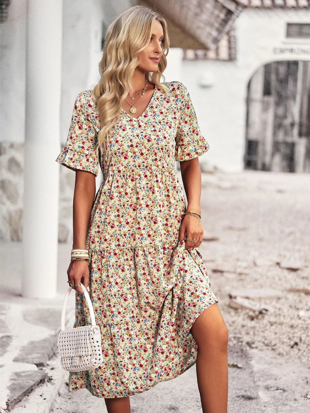 Layla - Elegant V Neck Printed Dress