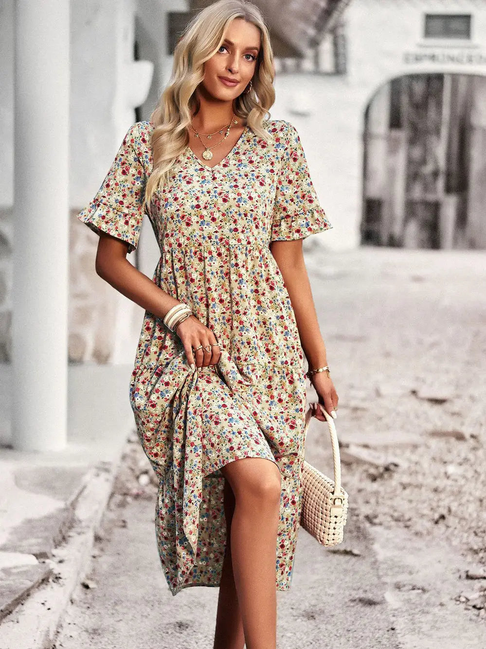 Layla - Elegant V Neck Printed Dress