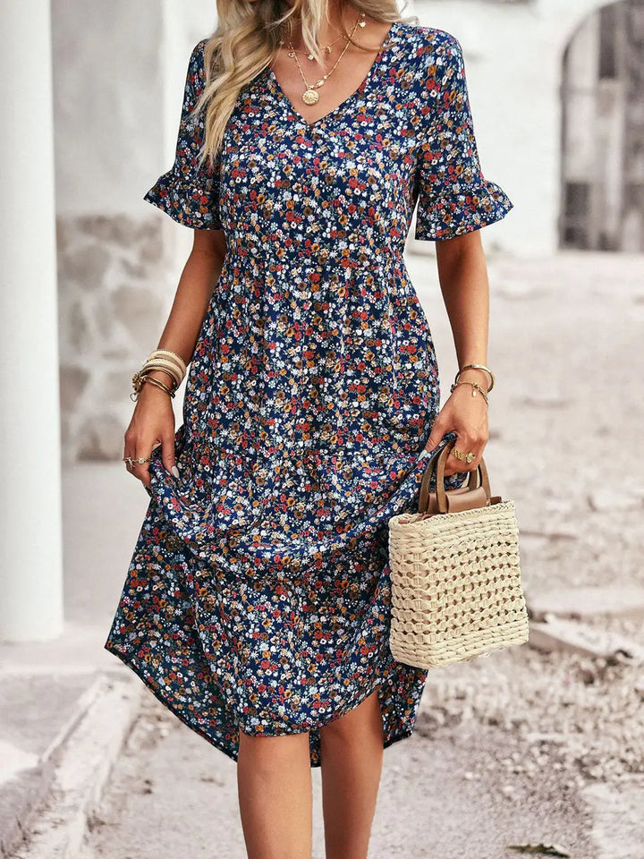 Layla - Elegant V Neck Printed Dress