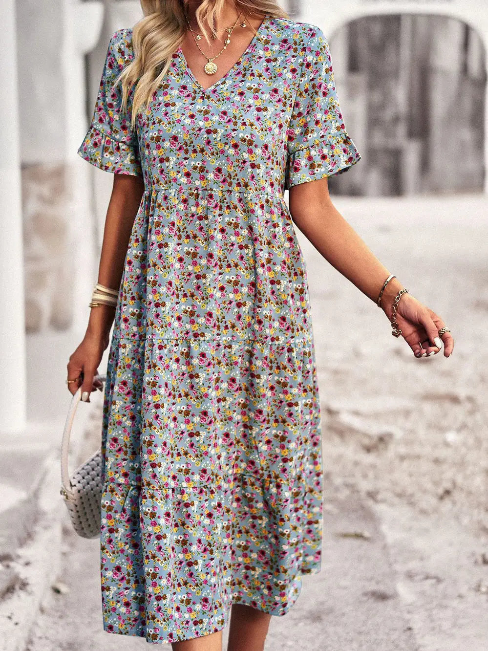 Layla - Elegant V Neck Printed Dress