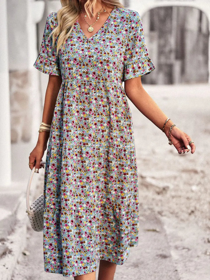 Layla - Elegant V Neck Printed Dress