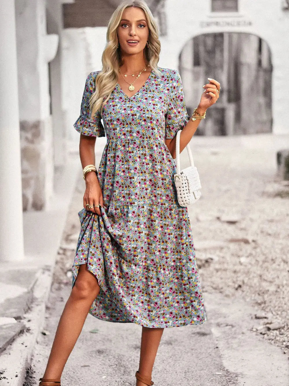 Layla - Elegant V Neck Printed Dress
