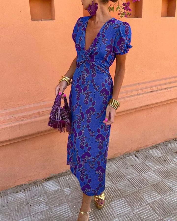 Aria™ - Elegant Deep V-neck Dress With Leaf Pattern