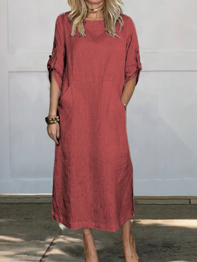 Mia - Comfortable Plain Linen Dress With Pockets