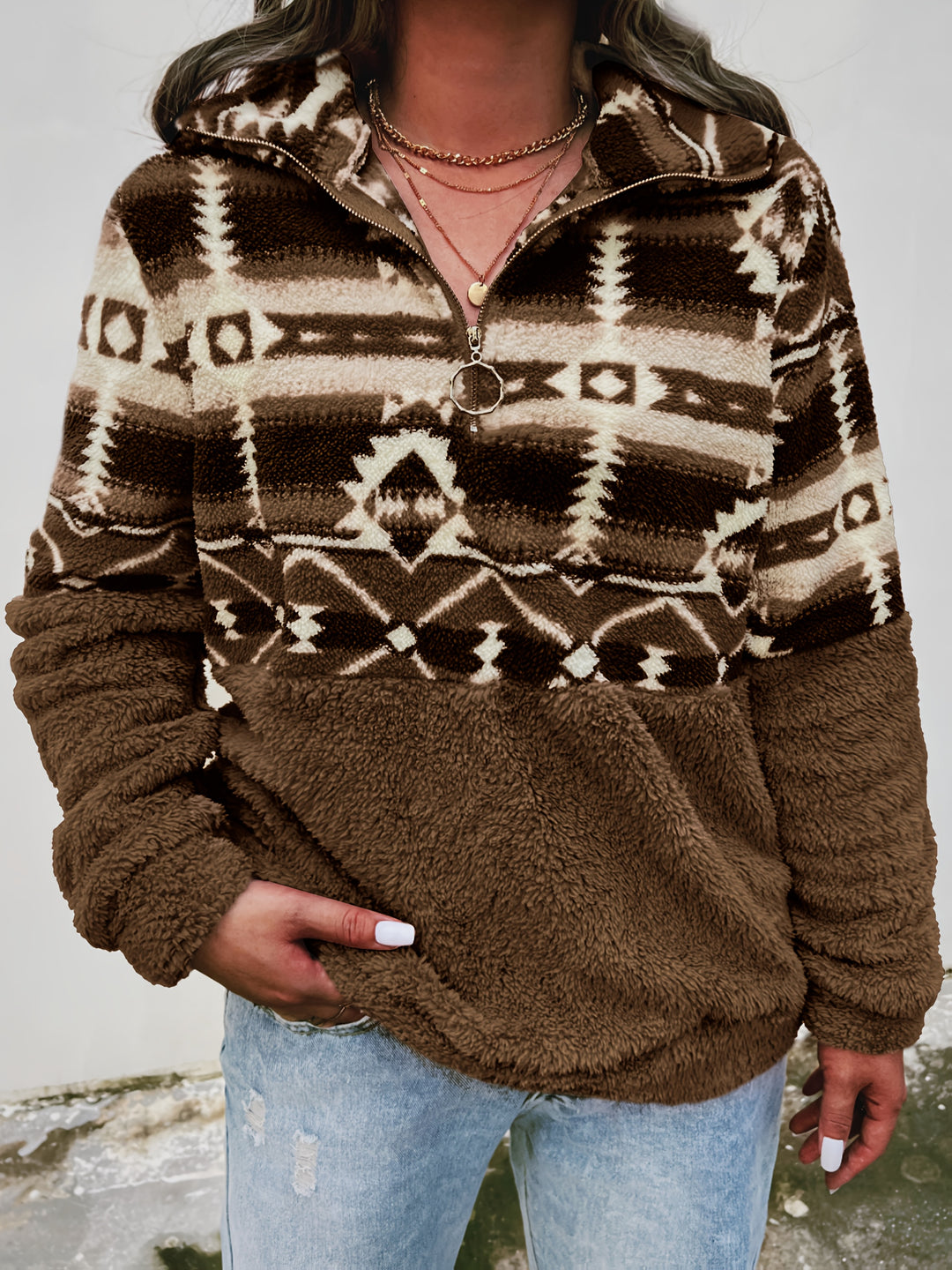 Hazel™ – Geo Print Teddy Half-Zip Sweatshirt