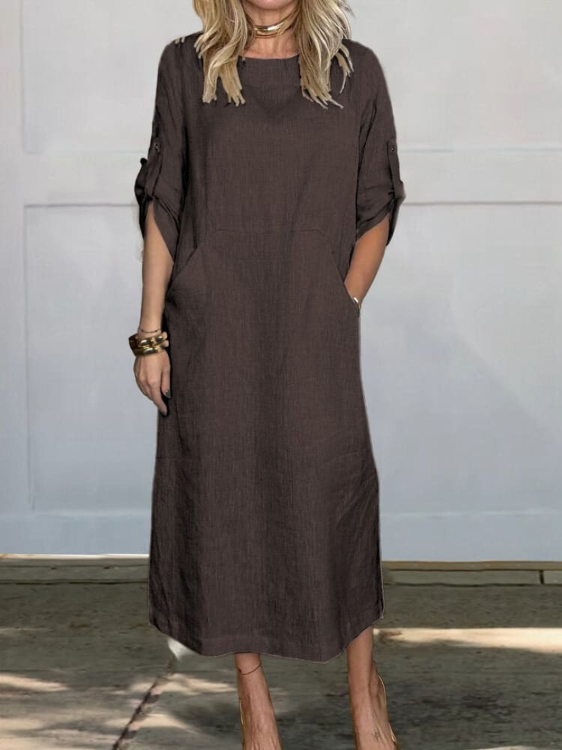 Mia - Comfortable Plain Linen Dress With Pockets