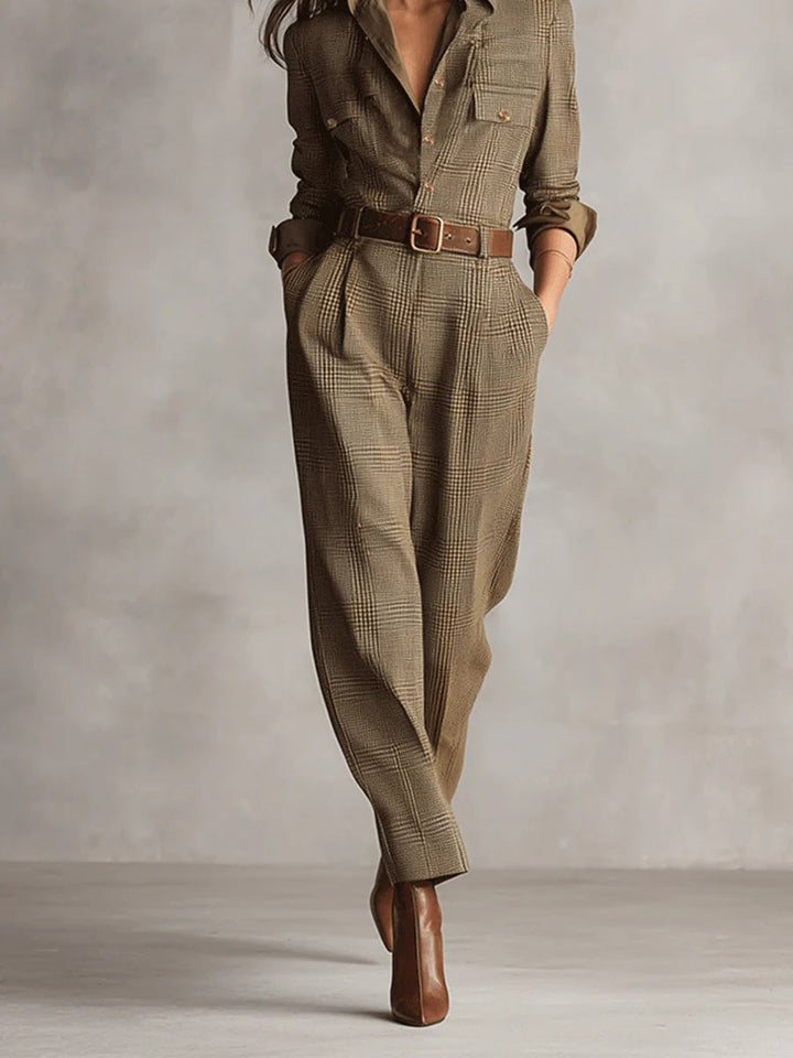 Barbara | Refined tweed texture checked utility jumpsuit