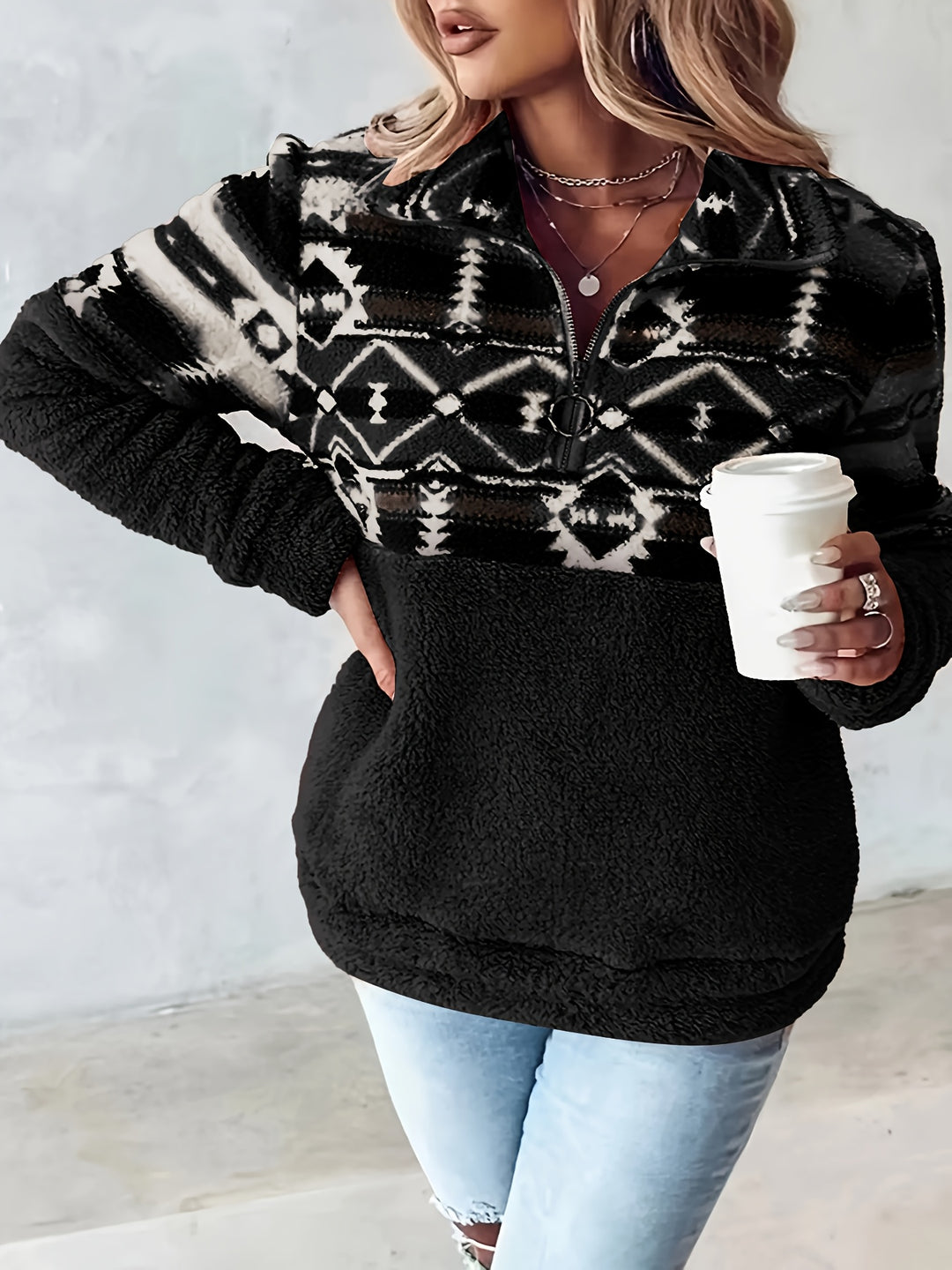 Hazel™ – Geo Print Teddy Half-Zip Sweatshirt